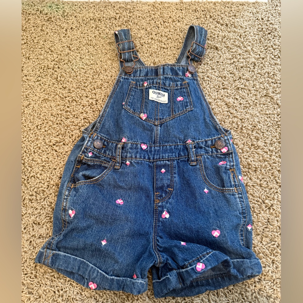 OshKosh B'gosh 3t Denim Overalls shorts with Pink and white hearts